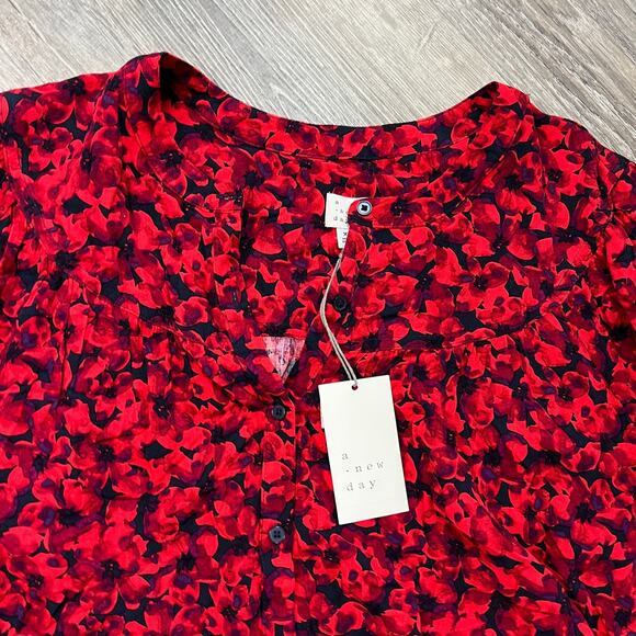 A New Day Women's Red Floral Print Button-Front Blouse - Size XXL - NWT - Picture 3 of 9